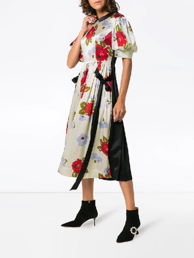 Shop Simone Rocha Contrast Floral Print Silk Dress - Neutrals
