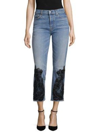 Shop 7 For All Mankind Edie Embellished Straight-leg Jeans In Salt Sky