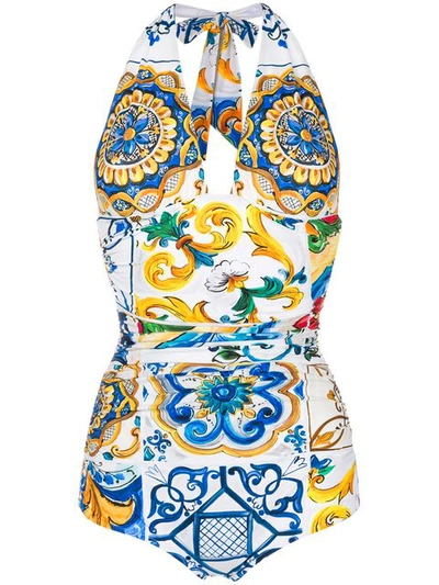Shop Dolce & Gabbana Majolica Print Halterneck Swimsuit