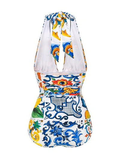 Shop Dolce & Gabbana Majolica Print Halterneck Swimsuit