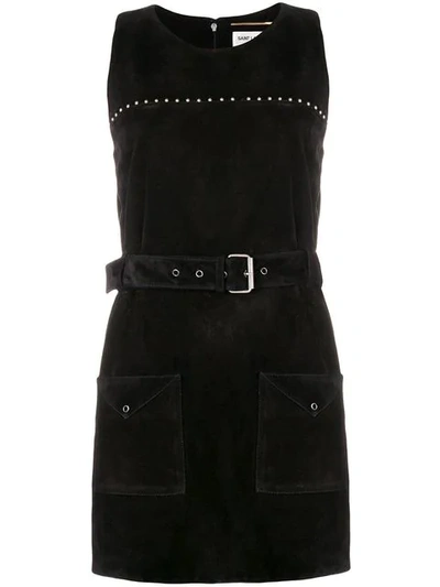 Shop Saint Laurent Calf Leather Belted Studded Dress In Black