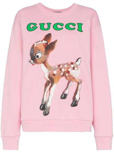 Shop Gucci Logo Bambi Print Cotton Sweatshirt - Pink & Purple