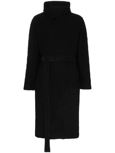 Shop Yohji Yamamoto Long Hooded Wool Mix Coat In Black