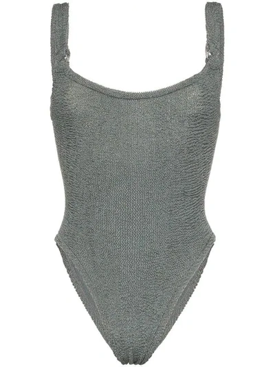 Shop Hunza G Isolde Domino Seersucker Swimsuit In Grey