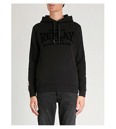 Shop Replay Side-stripe Flocked Cotton-jersey Hoody In Black