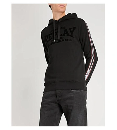 Shop Replay Side-stripe Flocked Cotton-jersey Hoody In Black