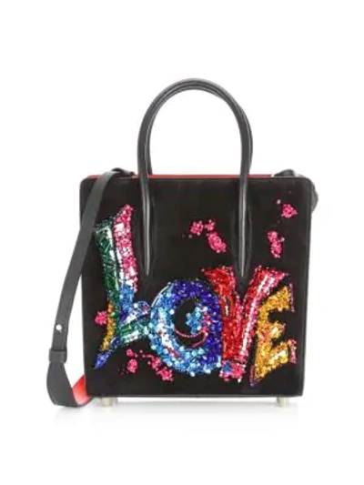 Shop Christian Louboutin Paloma Suede Embroidered Love Shoulder Bag In Black Multi