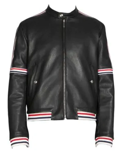 Shop Thom Browne Elastic Stripe Seamed Leather Jacket In Black