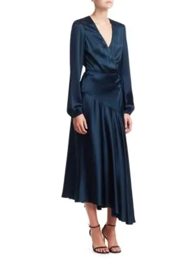 Shop A.l.c Darby Satin Wrap Midi Dress In Admiral