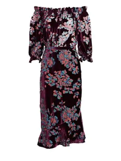 Shop Saloni Grace Off-the-shoulder Silk Midi Dress In Plum Insignia