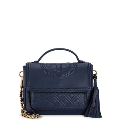 Shop Tory Burch Fleming Navy Leather Shoulder Bag