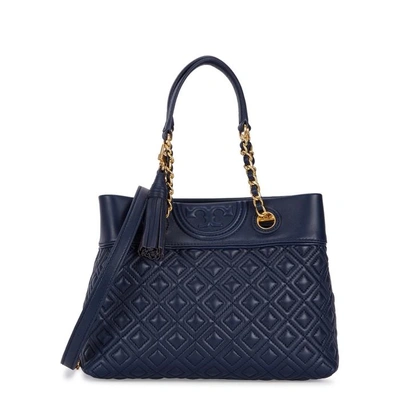 Shop Tory Burch Fleming Small Navy Leather Tote