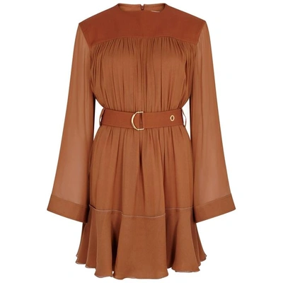 Shop Chloé Brown Belted Mousseline Dress In Tan