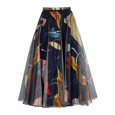 Shop Roksanda Colvin Printed Organza Midi Skirt In Navy