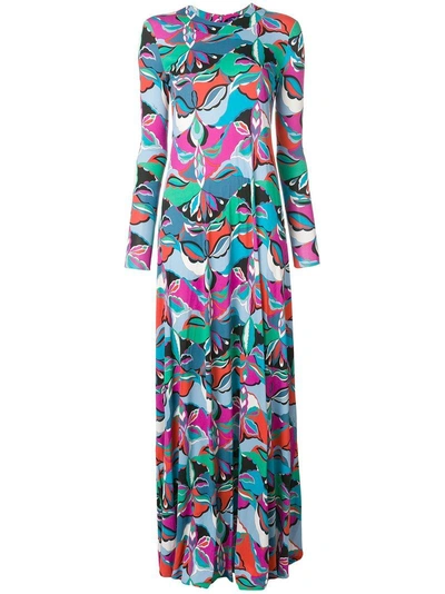 Shop Emilio Pucci Round Neck Long Sleeved Long Shift Dress - Blue