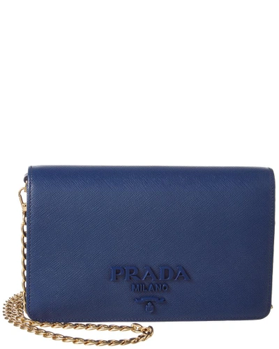 Shop Prada Monochrome Saffiano Leather Wallet On Chain In Blue