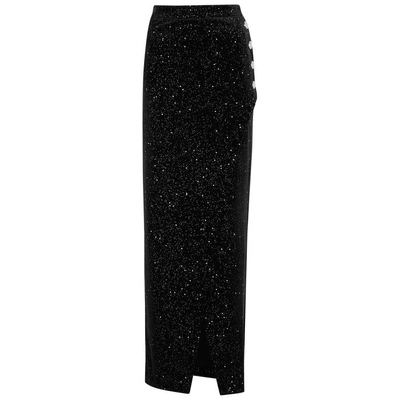 Shop Balmain Black Glittered Velvet Maxi Skirt In Black And Silver