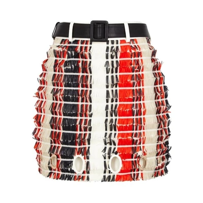 Shop Self-portrait Ivory Fringed Twill Skirt In Red