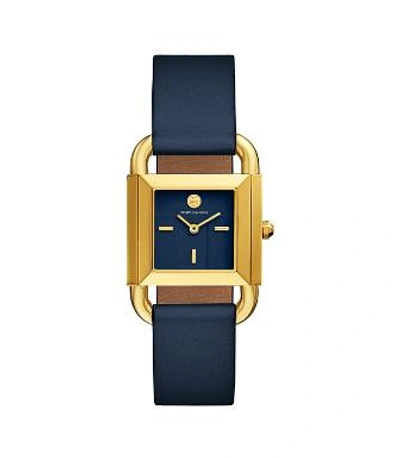 Shop Tory Burch Phipps Watch, Navy Leather/gold-tone, 29 X 42 Mm In Gold/navy
