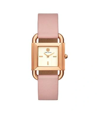 Shop Tory Burch Phipps Watch, Pink Leather/rose Gold-tone, 29 X 42 Mm In Rose Gold/blush