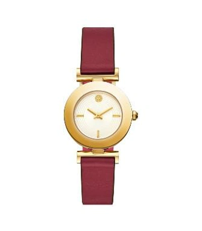 Shop Tory Burch Sawyer Twist Round Watch, Pink/red Leather, Gold Tone, 29 X 29 Mm In Gold/phonebox/crazy Pink