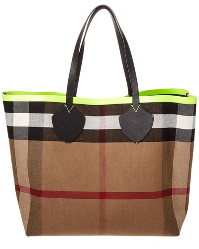 Shop Burberry Giant Reversible Canvas Check & Leather Tote In Brown