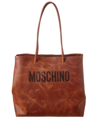 Shop Moschino Leather Logo Tote In Brown