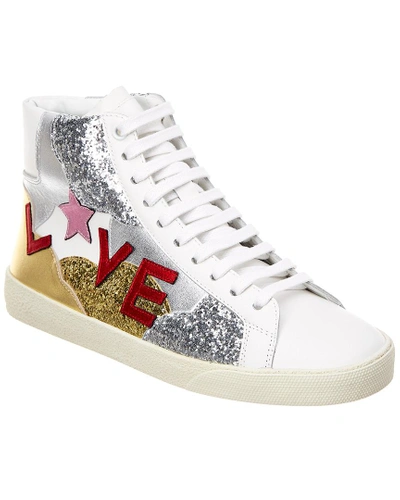 Shop Saint Laurent Love Glitter Leather Sneaker In White