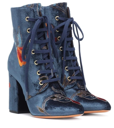 Shop Etro Embroidered Velvet Ankle Boots In Blue