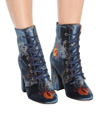 Shop Etro Embroidered Velvet Ankle Boots In Blue