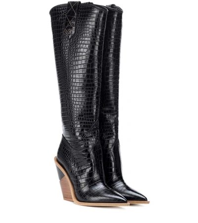 Shop Fendi Embossed Leather Cowboy Boots In Black