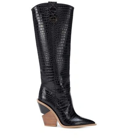 Shop Fendi Embossed Leather Cowboy Boots In Black