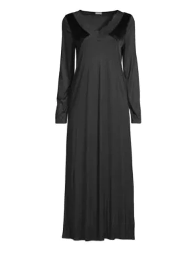 Shop Hanro Ava Velvet Long-sleeve Night Gown In Black