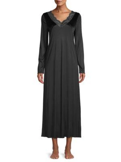 Shop Hanro Ava Velvet Long-sleeve Night Gown In Black