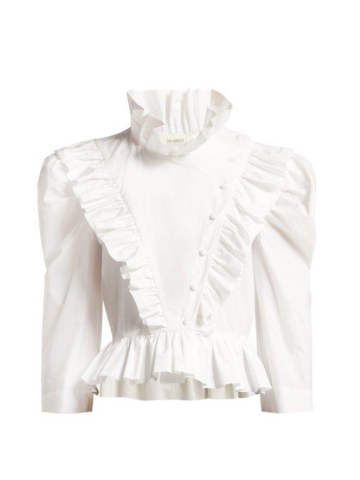 white high neck ruffle blouse