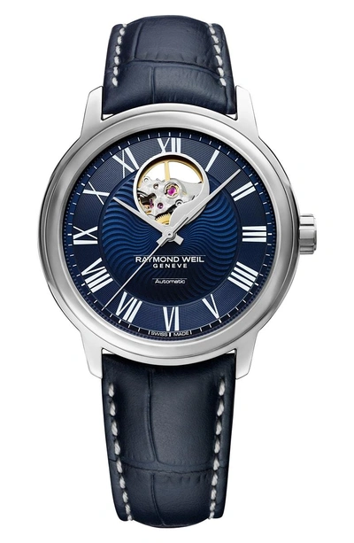 Shop Raymond Weil Maestro Automatic Leather Strap Watch, 40mm In Blue/ Silver