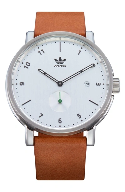 Shop Adidas Originals District Leather Strap Watch, 40mm In Tan/ Silver