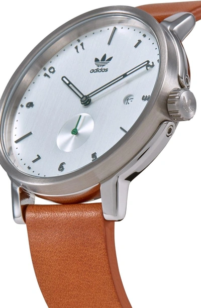 Shop Adidas Originals District Leather Strap Watch, 40mm In Tan/ Silver
