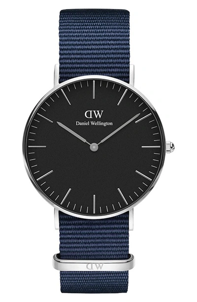 Shop Daniel Wellington Classic Bayswater Nylon Strap Watch, 36mm In Blue/ Black / Silver
