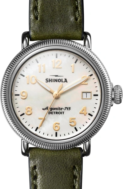 Shop Shinola 'the Runwell' Leather Strap Watch, 38mm In Spruce/ White Mop/ Silver