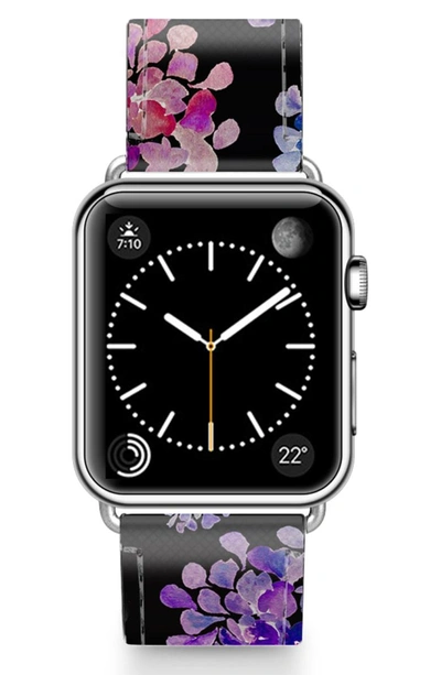 Shop Casetify Saffiano Purple Flowers Faux Leather Apple Watch Strap In Black/ Silver