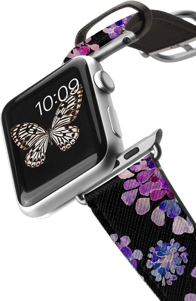 Shop Casetify Saffiano Purple Flowers Faux Leather Apple Watch Strap In Black/ Silver