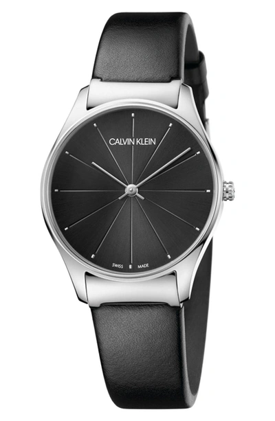 Shop Calvin Klein Classic Leather Strap Watch, 32mm In Black/ Silver/ Black