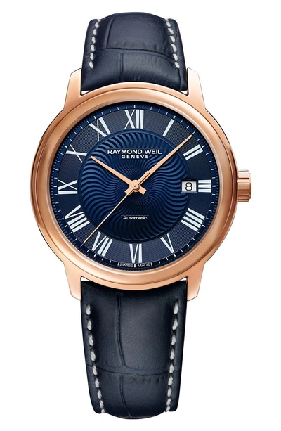 Shop Raymond Weil Maestro Automatic Leather Strap Watch, 40mm In Blue/ Rose Gold