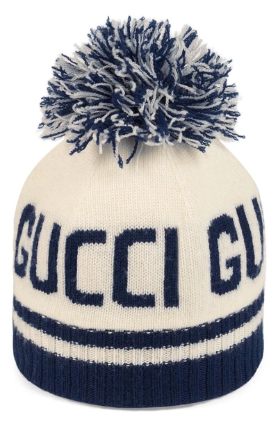 Shop Gucci Pom Hat In Ivory/ Blue