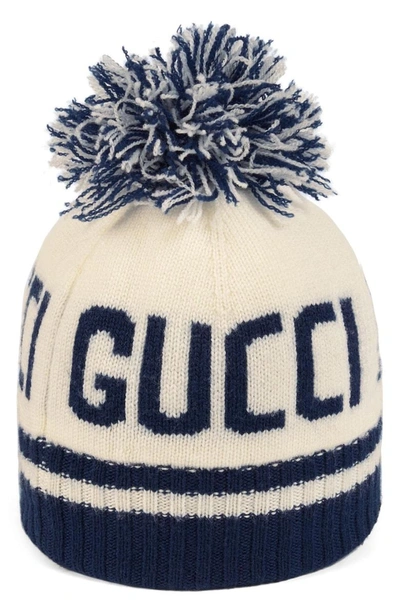 Shop Gucci Pom Hat In Ivory/ Blue