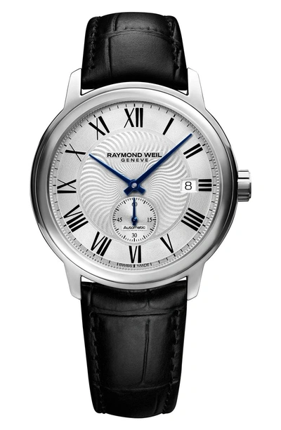 Shop Raymond Weil Maestro Automatic Leather Strap Watch, 40mm In Black/ Silver