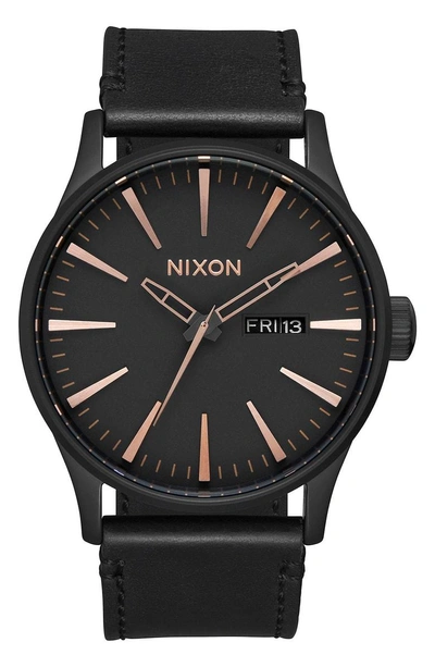 Shop Nixon The Sentry Leather Strap Watch, 42mm In Black/ Rose Gold
