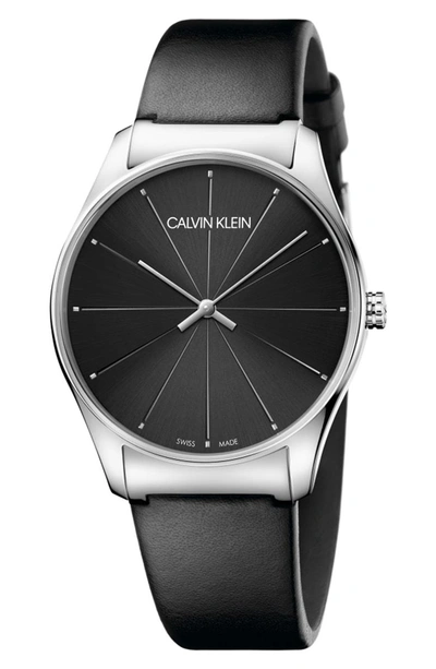 Shop Calvin Klein Classic Leather Strap Watch, 38mm In Black/ Silver/ Black