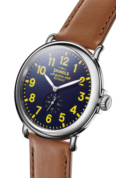 Shop Shinola 'the Runwell' Leather Strap Watch, 47mm In Tan/ Collegiate Blue/ Silver